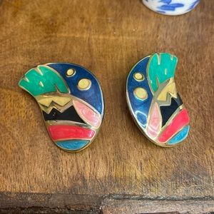 Vintage Fernando Originals Multicolor Enamel Clip On Earrings Gold Tone